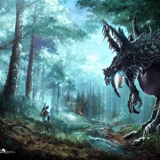 Image similar to final fantasy beast in the woods, highly detailed, digital art, sharp focus, trending on art station, warhammer fantasy,