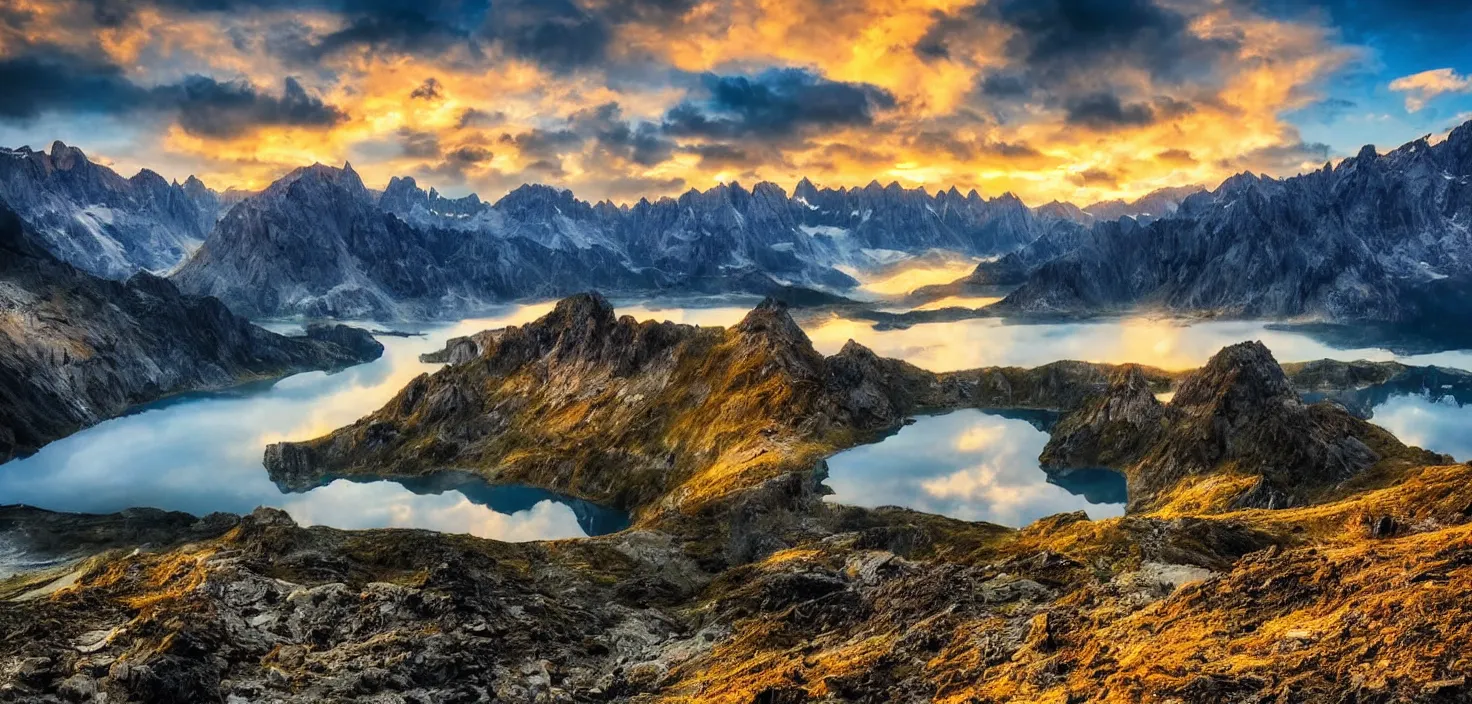 Image similar to amazing landscape photo of mountains with lake in sunset, beautiful dramatic lighting