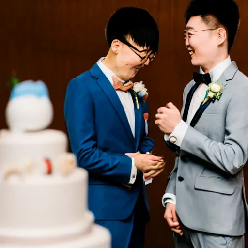 Image similar to cookie monster marries justin sun, professional gay wedding photography