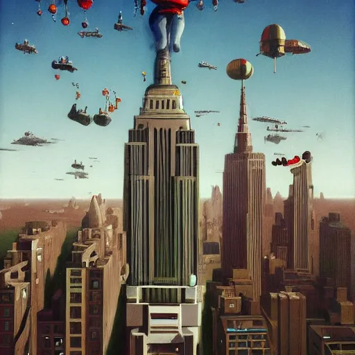 Prompt: Jetpack Santa flying past the empire state building greg rutkowski giorgio de chirico john currin clarence holbrook carter mark ryden simon stalenhag