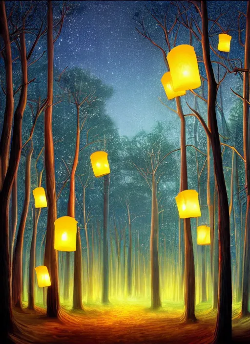 Prompt: detailed digital painting a forest at night lit by colorful paper lanterns, massive trees with warm windows, low light, dark blue sky, trending on artstation, highly detailed, inspired by A. A. Milne