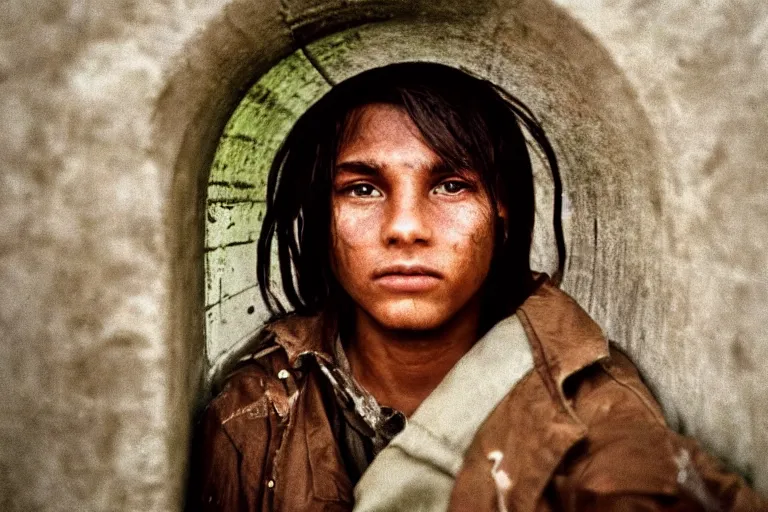 Prompt: a closeup cinematic!! headshot photograph!! of a beautiful young homeless war veteran, stood in a tunnel, rain, dirt, film still, cinematic lighting, by bill henson