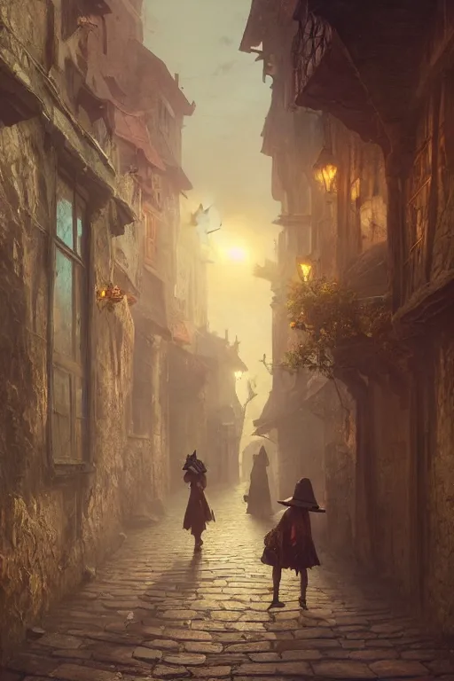 Image similar to A girl with big hat walking through the streets of a medieval village at night, glowing lights, oil painting, Greg Rutkowski, gustave doré, alphonse mucha, frank frazetta, unreal 5, hyperrealistic, cinematic view, octane render, RPG portrait, dynamic lighting, fantasy art, beautiful face