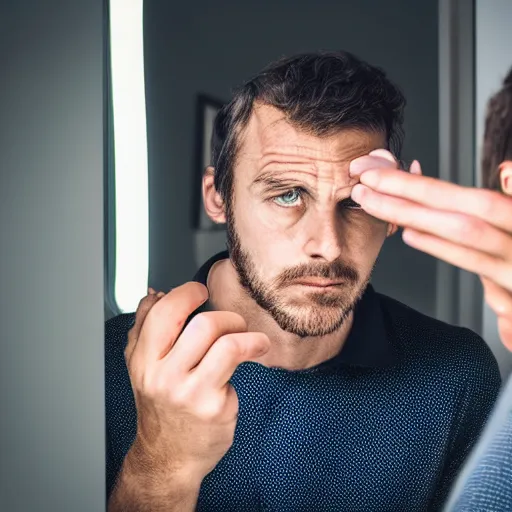 Prompt: professional direct photograph of a man examining his face in the mirror