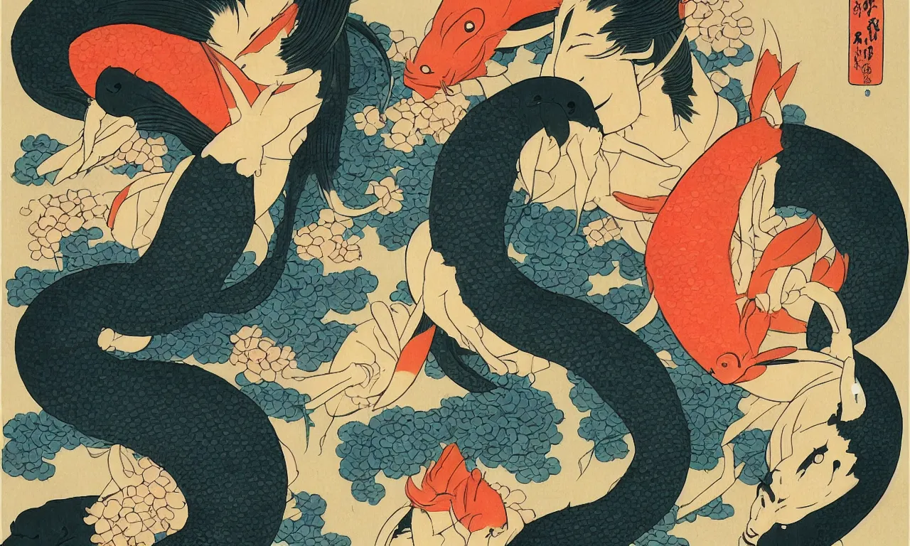 Image similar to a feminine beauty with a dark secret, koi fish, very detailed artstation painting by Ukiyo-e