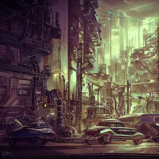 Image similar to detailed, small details, appear. Battle-worn retro-futuristic city tuning in from all 2D animation drawing, 2D family crest, skulls, hacker, drawing, painting, concept, fantasy, she made her way natural volumetric lighting, realistic