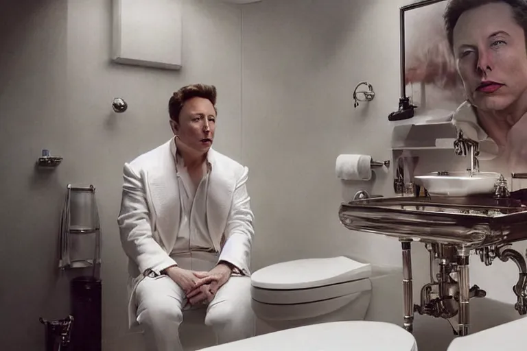 Prompt: hyperrealism aesthetic ridley scott and denis villeneuve style photography of a detailed hyperrealism elon musk, siting on a detailed hyperrealism toilet and scrolling his detailed smartphone in hyperrealism scene from detailed art house movie in style of alejandro jodorowsky and wes anderson