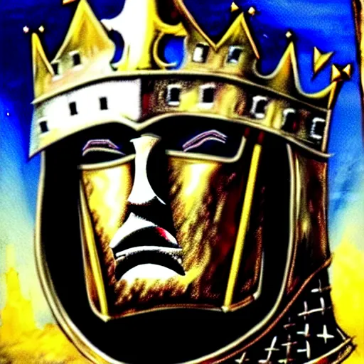 Image similar to knights armor, donald trump, crown!!!!!!, donald trump's face, detailed face, painting of a knight, boots!!!!!!, medieval castle background, valiant, by hans thoma
