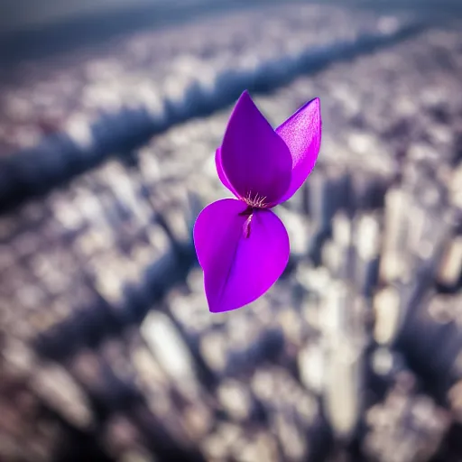 Prompt: closeup photo of lone purple petal flying above a city, aerial view, shallow depth of field, cinematic, 8 0 mm, f 1. 8