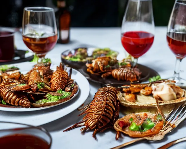 Prompt: 8 5 mm food photography of a plate of grilled cockroaches with ketchup at a restaurant with dof and bokeh and wine glasses out of focus in the background. highly detailed 8 k. intricate. lifelike. soft diffused light. nikon d 8 5 0.