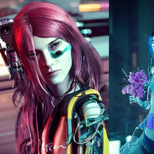 Image similar to Robot girl with long hair and tattoo style game CYBERPUNK 2077 , a very beautiful portrait, style DEUS EX: MANKIND DIVIDED, girl entwined with flowers, photorealism