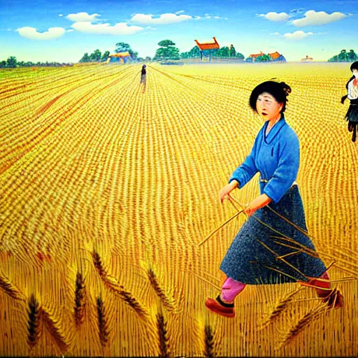 Image similar to cat farmer, walking in the wheat field, nature landscape on the background, fenghua zhong, sharp deep, oil art