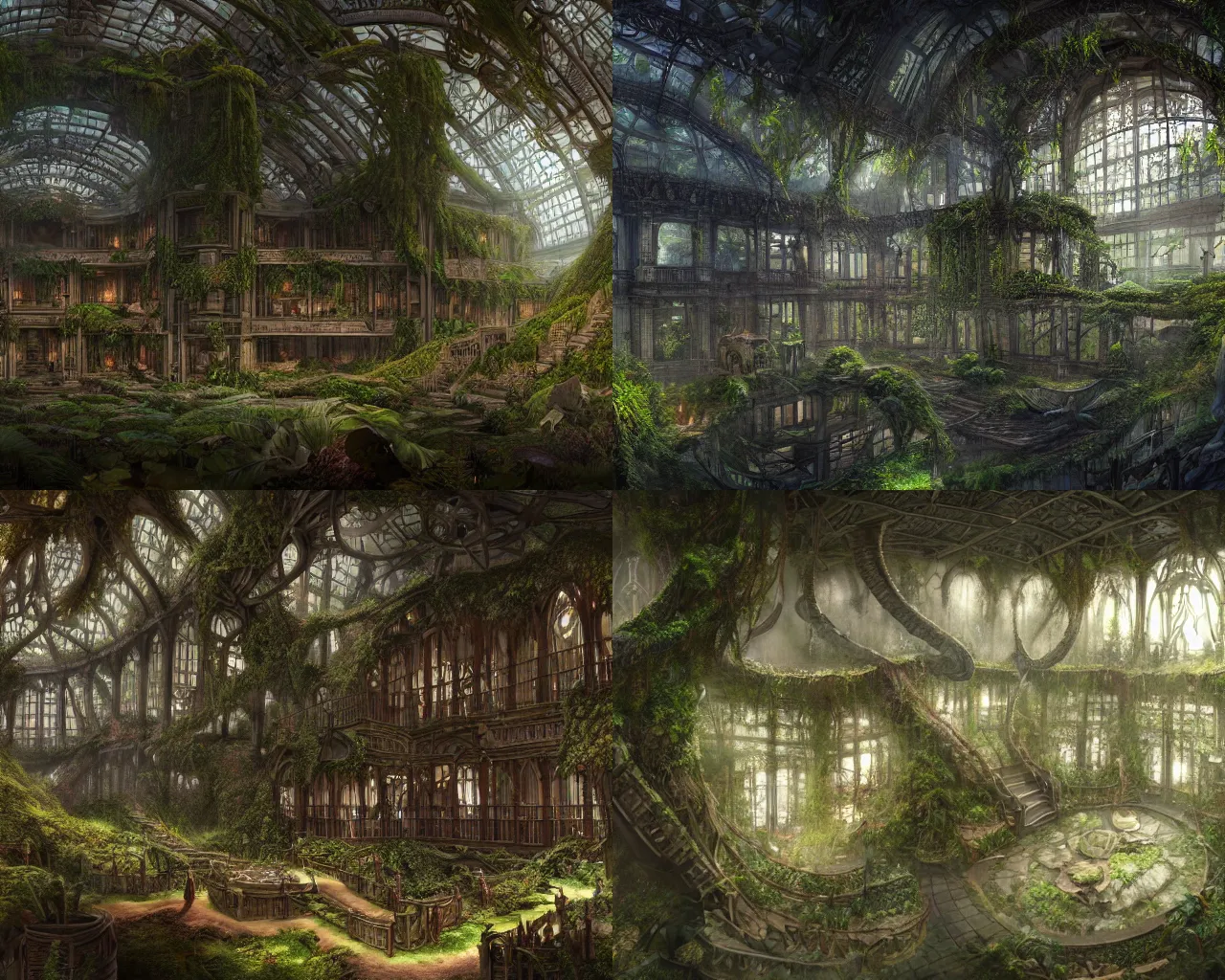 Prompt: Matte painting of the interior view of giant botanical museum. Living biological Lovecraft architecture. Dark horror fantasy. Fantastical, detailed digital art trending in artstation