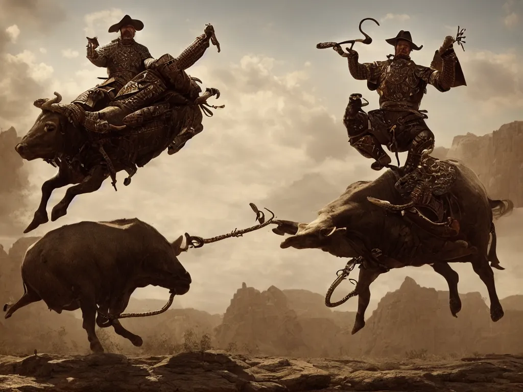 Image similar to cowboy snake oil salesman in medieval armour riding a bull, by Greg Rutkowski, 8K, hyper detailed, realistic, by onesal, by sixnfive , behance 3d , studio photography DSLR, Photoreal epic composition