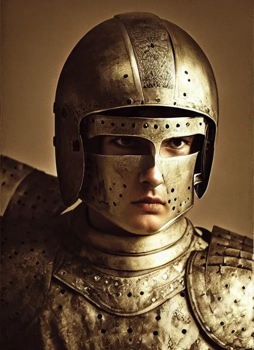 Prompt: close - up portrait athenian warrior with helmet and armor, art by paolo roversi
