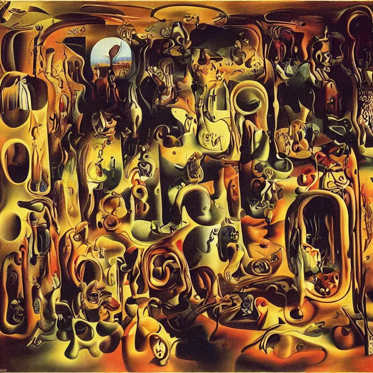 Image similar to room of chaos by salvador dali, abstract surrealism, colorful, masterpiece