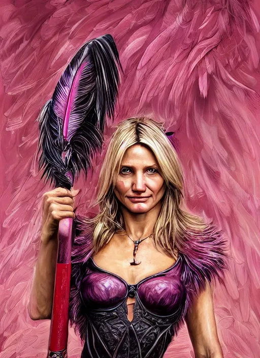 Image similar to serious looking Cameron Diaz as a ruggedly handsome heroine wearing pink feathers and wielding a glowing sword, intricate, elegant, tasteful, highly detailed, centered, digital painting, artstation, concept art, smooth, sharp focus, illustration, art by artgerm and donato giancola and Joseph Christian Leyendecker, WLOP