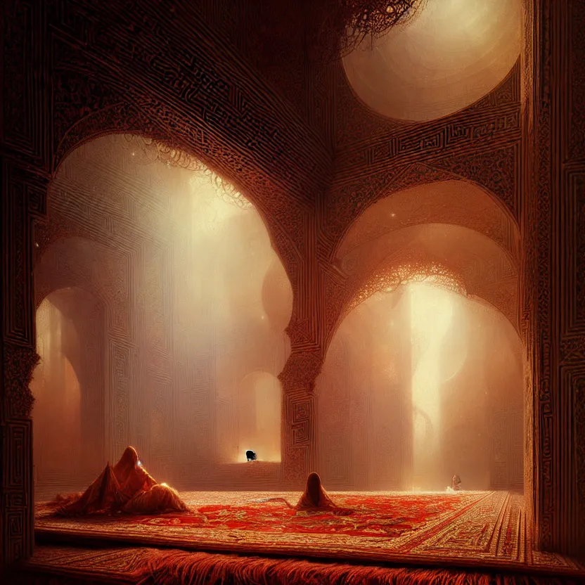 Image similar to magic fluffy Persian carpet & mirror dimension, vertical labyrinth structure, by Greg Rutkowski and Gaston Bussiere, dim lighting, beautiful volumetric-lighting-style atmosphere, surreal atmosphere, intricate, detailed, photorealistic imagery, artstation