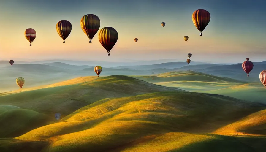 Image similar to a beautiful landscape painting, flying colorful hot air balloons, tuscany hills, by sam guay, moody lighting, hyperrealism, 4 k, octane render