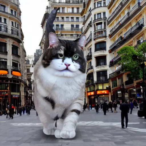 Prompt: A giant cat is walking through Gran Via in Madrid