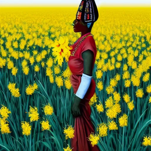 Prompt: a digital painting high resolution hypereealistic of a nubian woman wearing an astronaut standing in an open field of yellow daffodils