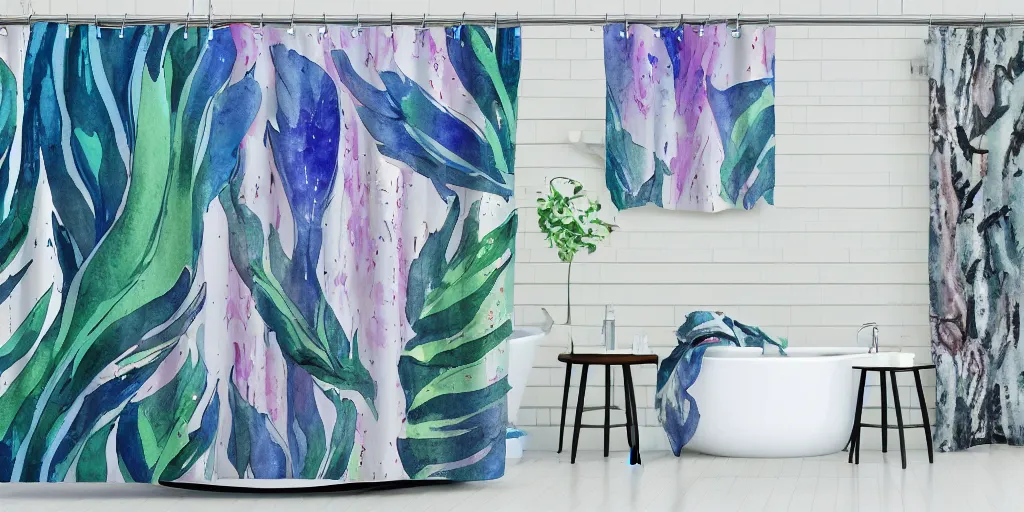 Image similar to shower curtain product catalog. wide - angle photo. on the curtain is a watercolor of the baby groot dancing. the water color has ink under drawing. wide - angle product photography of a shower curtain, product lighting. 4 k, highly detailed. saturated.
