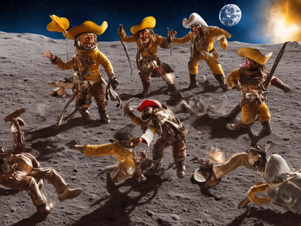 Prompt: cowboys and pirates fighting on the moon, High Definition detail, 8K, photograph