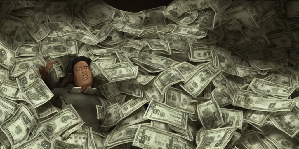 Image similar to a film still of cash money piling up in a vault, shallow depth of field, cinematic, award winning cgi, vfx, film still cfg _ scale : 3 0. 0