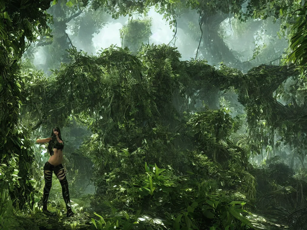 Image similar to gorgeous woman covered by vines in crysis 3, rendered in 8k with cryengine, ray-tracing, highly symmetrical and detailed