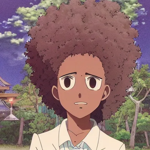 Prompt: a somali man with curly hair, anime style, studio ghibli, contemplative, beautiful, surreal, detailed, dreamy, philosophical