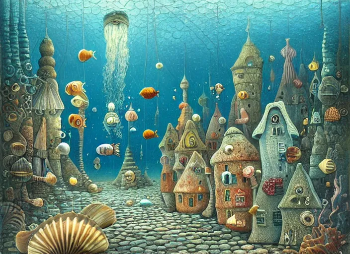 Image similar to underwater city with fish citizens inside!! the seashell, small scandinavian!!! houses, little people!!!, by jacek yerka by levitan, surrealistic painting, masterpiece, oil painting, sharp focus, highly detailed, intricate, smooth, 8 k,