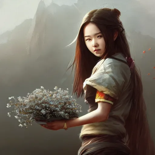 Image similar to Concept art, Chinese girl holding jasmine flowers, 8k, james gurney, greg rutkowski, john howe, artstation