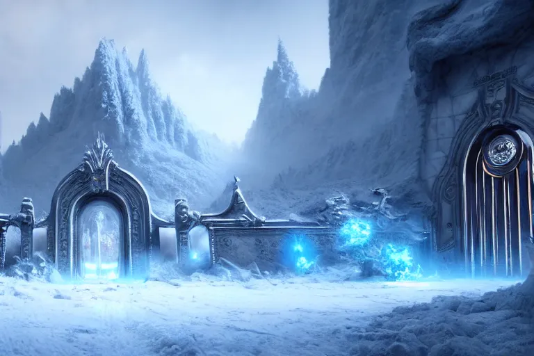 Image similar to a very detailed concept art of epic gates to frost, trending on artstation, digital art, 4 k, hyper realistic, octane render, sharp focus