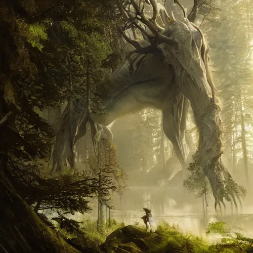 Image similar to a giant creature towering over the forest, 8 k octane beautifully detailed render, post - processing, extremely hyper - detailed, intricate, epic composition, cinematic lighting, masterpiece, trending on artstation, masterpiece, stunning art by anders zorn, wonderful masterpiece by greg rutkowski, beautiful cinematic