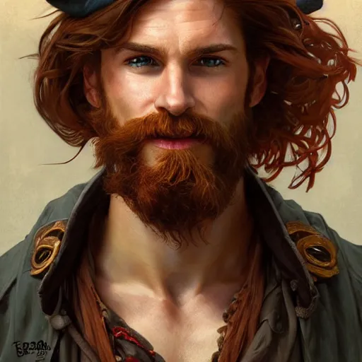 Prompt: portrait of a young ruggedly handsome but joyful pirate, male, masculine, upper body, red hair, long hair, d & d, fantasy, smirk, intricate, elegant, highly detailed, digital painting, artstation, concept art, matte, sharp focus, illustration, art by artgerm and greg rutkowski and alphonse mucha