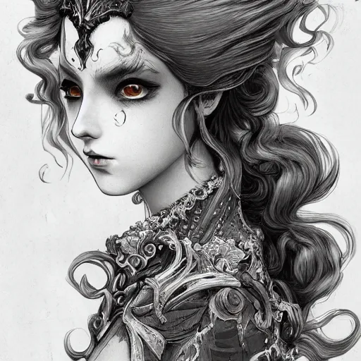 Image similar to portrait of lady dimitrescu, baroque style, elegant, beautiful, mesmerizing, concept art, fancy clothing, highly detailed, artstation, behance, deviantart, inspired by innocent manga, inspired by castlevania concept art, trending, ayami kojima, shinichi sakamoto