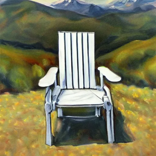 Prompt: a realistic painting of a chair on a hill highly detailed trending on art station