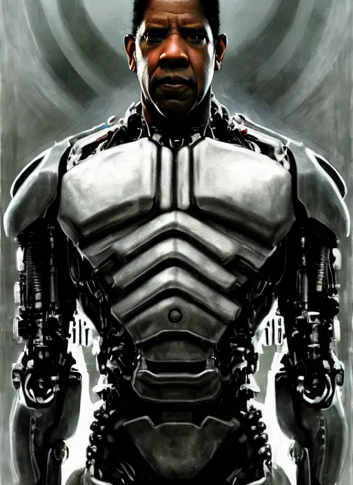 Image similar to denzel washington as victor stone, full body concept, cyborg, borg, strogg, face of a man, terminator, flesh, quake strogg, doom demon, wolfenstein, monstrous, powerful, symmetry, symmetrical, concept art by ruan jia and greg rutkowski