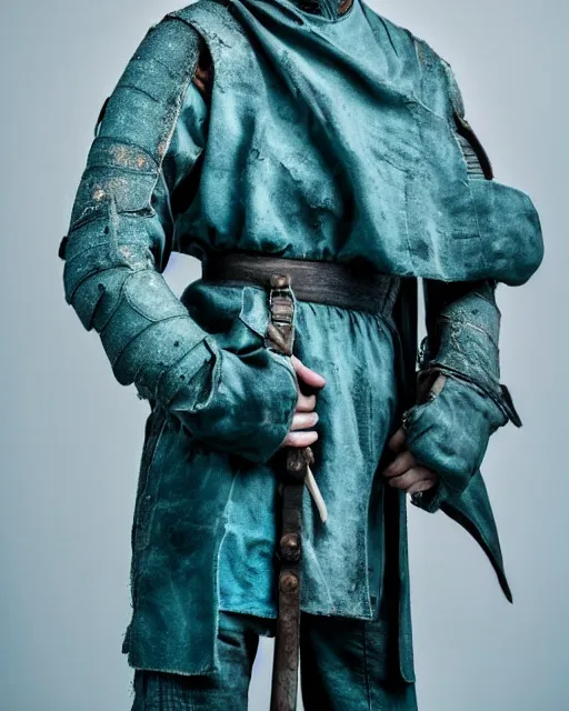 Prompt: an award - winning photo of a ancient male model wearing a plain baggy teal distressed medieval designer menswear cloth jacket slightly inspired by medieval armour designed by raf simons, 4 k, studio lighting, wide angle lens