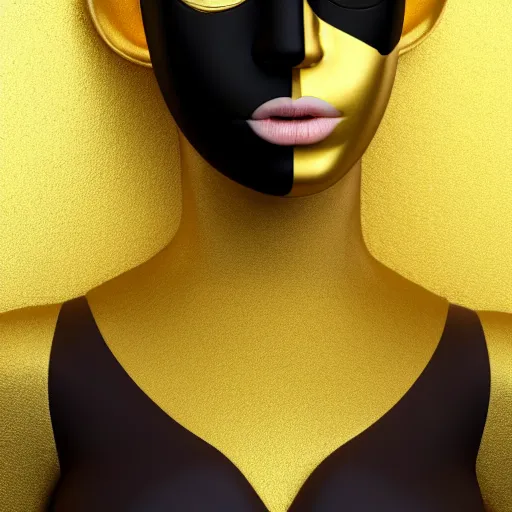 Image similar to ( ( ( ( ( hyperrealist portrait of a women wearing a black mask with golden wires on her head. ) ) ) ) ) photorealistic, octane render, unreal engine, dynamic lighting, bet face, beautiful, wlop, cute, perfect factions, trending on artstation, poster, volumetric lighting, very detailed faces, 4 k, award winning