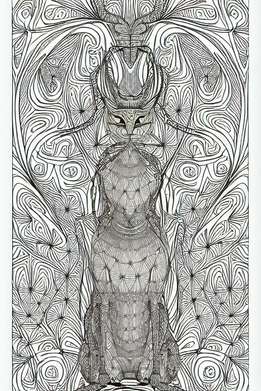 Prompt: mantis cat egypt cat statue ornate luxury fractal ink drawing line art colouring page, vector, margins, fine lines, centered