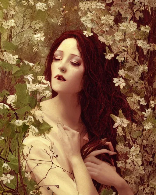 Image similar to a beautiful but sinister and creepy woman in layers of fear, with haunted eyes, violence in her eyes, putting on lipgloss, 1 9 7 0 s, seventies, delicate embellishments, a little blood, woodland, moonlight shining on wildflowers, painterly, offset printing technique, by alexandre cabanel