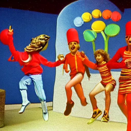 Prompt: still from 1983 children's tv show about humans in a colorful cult