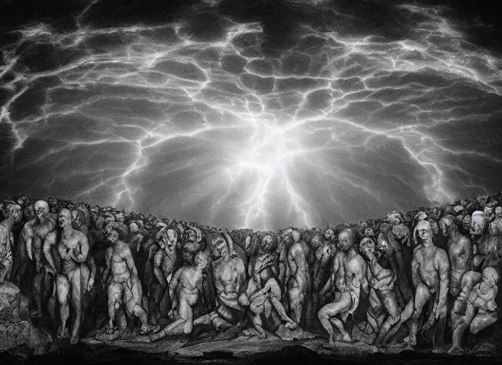 Prompt: crowd of people, water portal to hell located in heaven, photorealistic, rule of thirds, 4 k, dark bright effect, alvah angelrune, michelangelo, version 3