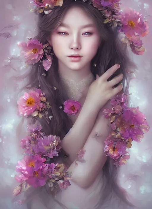 Image similar to a gorgeous flower princess portrait by WLOP, artgerm , digital painting, beautiful lighting, mystical, detailed flowers, 🌺 cgsociety