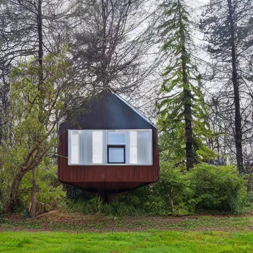 Prompt: a small house with trees in the background, 22th century style