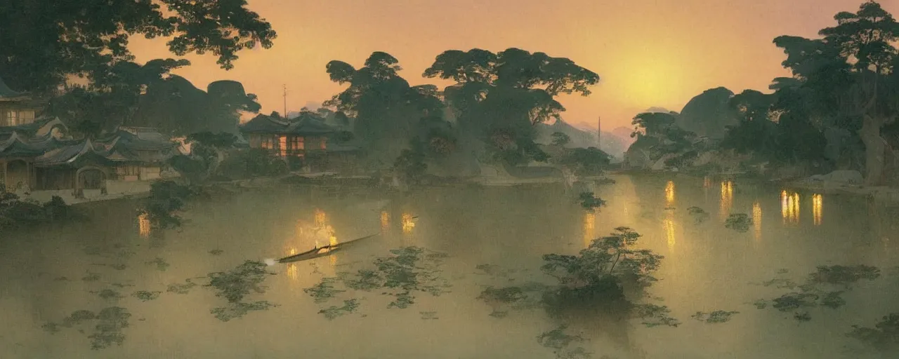 Prompt: a beautiful painting of an ancient japanese town nearby a small river in the evening by alfons maria mucha and ivan aivazovsky, ultra detailed, volumetric lighting, pink vibe