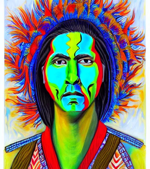 Image similar to Portrait painting in a style of Alex Grey of an old shaman dressed in a colorful traditional clothes.
