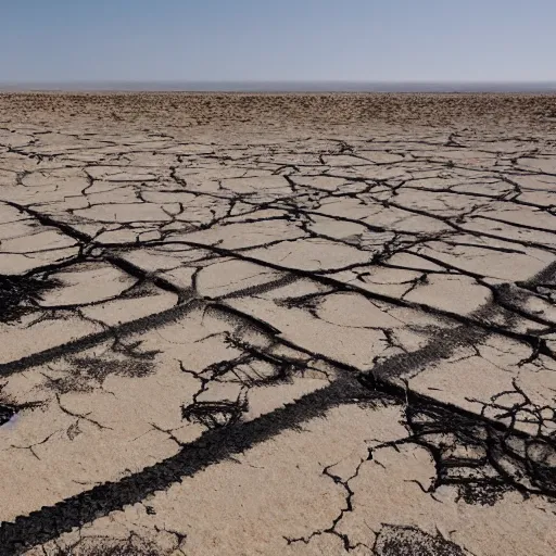 Image similar to apocalyptic beachside city, dried up oceans, desert everywhere, buildings covered in black tar