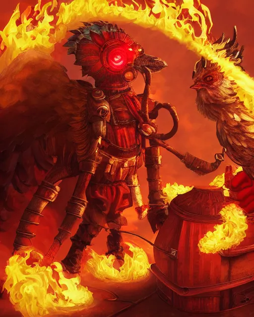 Image similar to Chicken, Anthropomorphized, holding flamethrower, raging, red, Golden Steampunk city atmosphere, magic the gathering artwork, D&D, fantasy, cinematic lighting, centered, symmetrical, highly detailed, digital painting, artstation, concept art, smooth, sharp focus, illustration, volumetric lighting, epic Composition, 8k, art by Akihiko Yoshida and Greg Rutkowski and Craig Mullins, heroic pose, oil painting, cgsociety